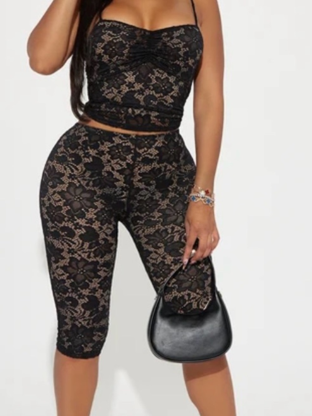 Fashion Nova Black Lace Capri & Crop Two-Piece Set